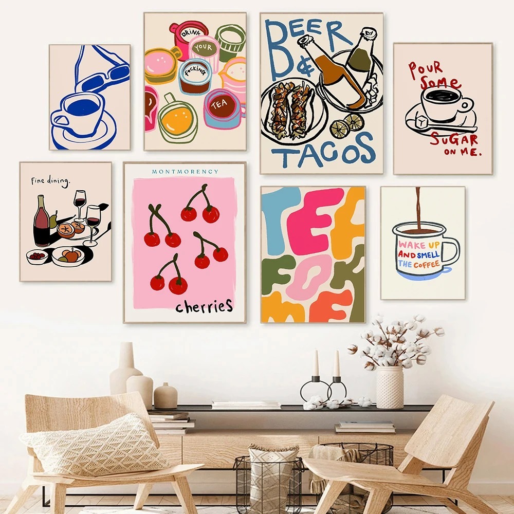 Coffee Tea Poster - Kawiarnia Popołudniowa Herbata Rogalik Kolorowa Filiżanka