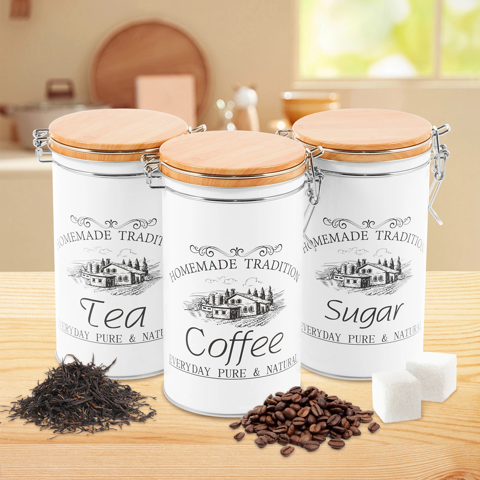 Coffee Tea And Sugar Canister Set - 3 szt./zestaw Pojemniki na herbatę, kawę